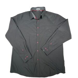 Men's Large Black 4-Way Stretch Button Up Shirt Red Buttons Contrast Collar